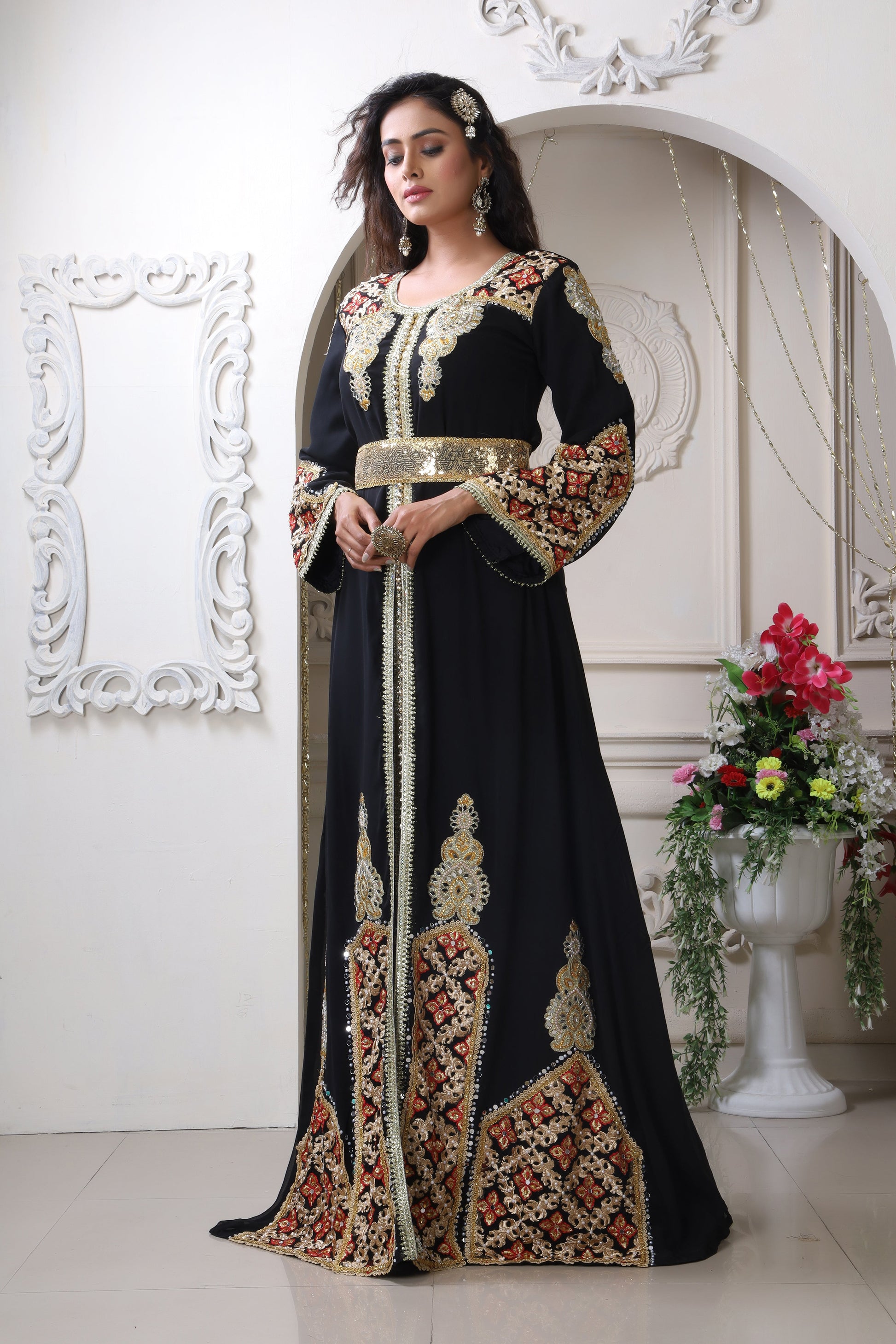 Black and Gold Embroidery Moroccan Dress