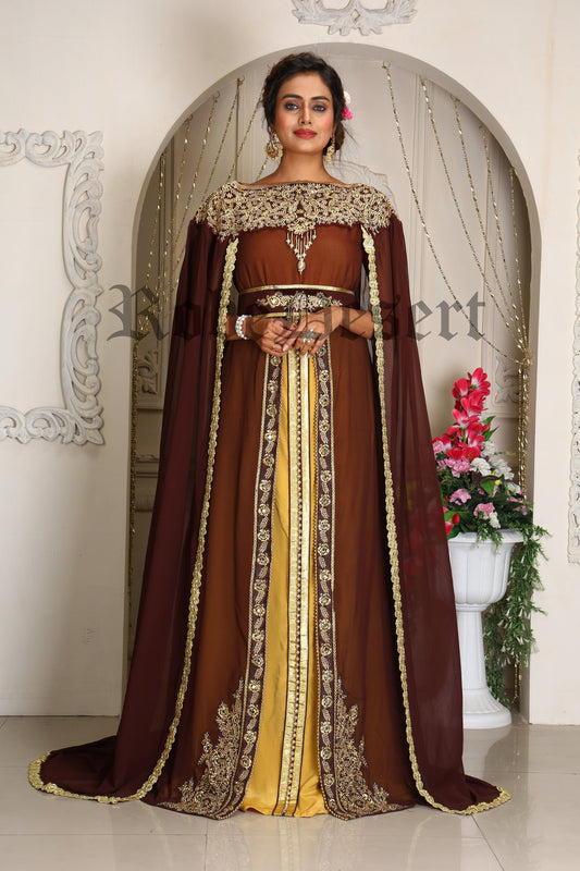 Brown and Gold Embroidery Israeli Dress