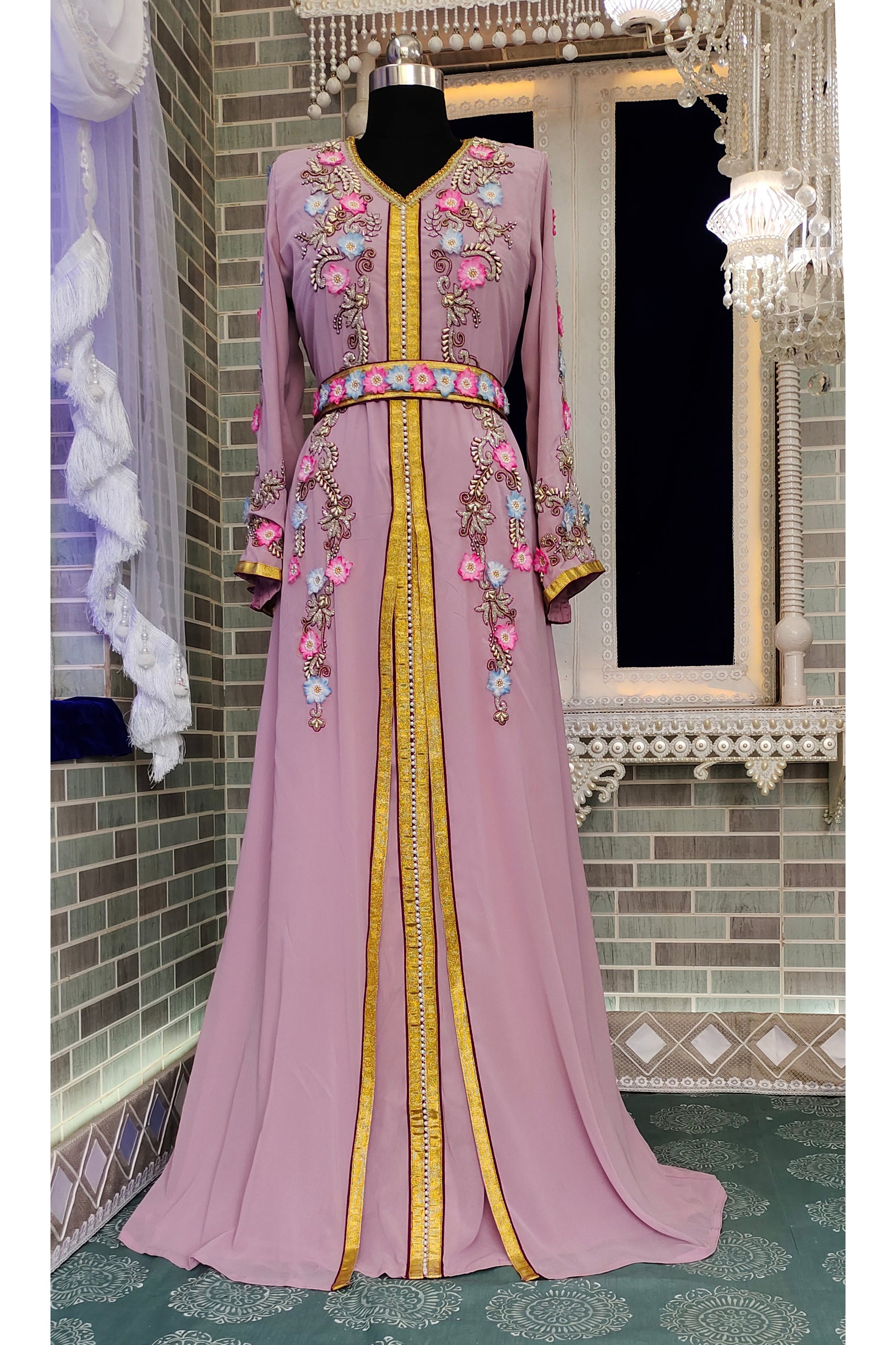 Moroccan Dark Dull Pink Flower Work Kaftan