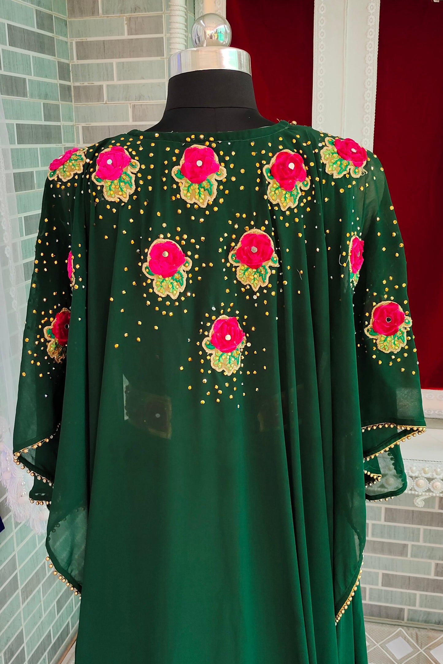 Dark Green Embroidered With Rose Work Kaftan