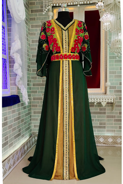 Dark Green Embroidered With Rose Work Kaftan