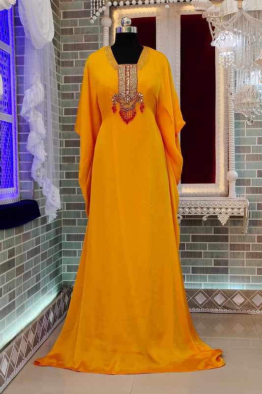 Golden Yellow Modern Satin Party Wear Kaftan