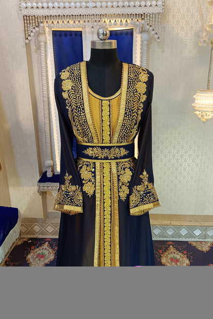 DarkBlue and GoldenYellow Islamic Designer Moroccan Kaftan