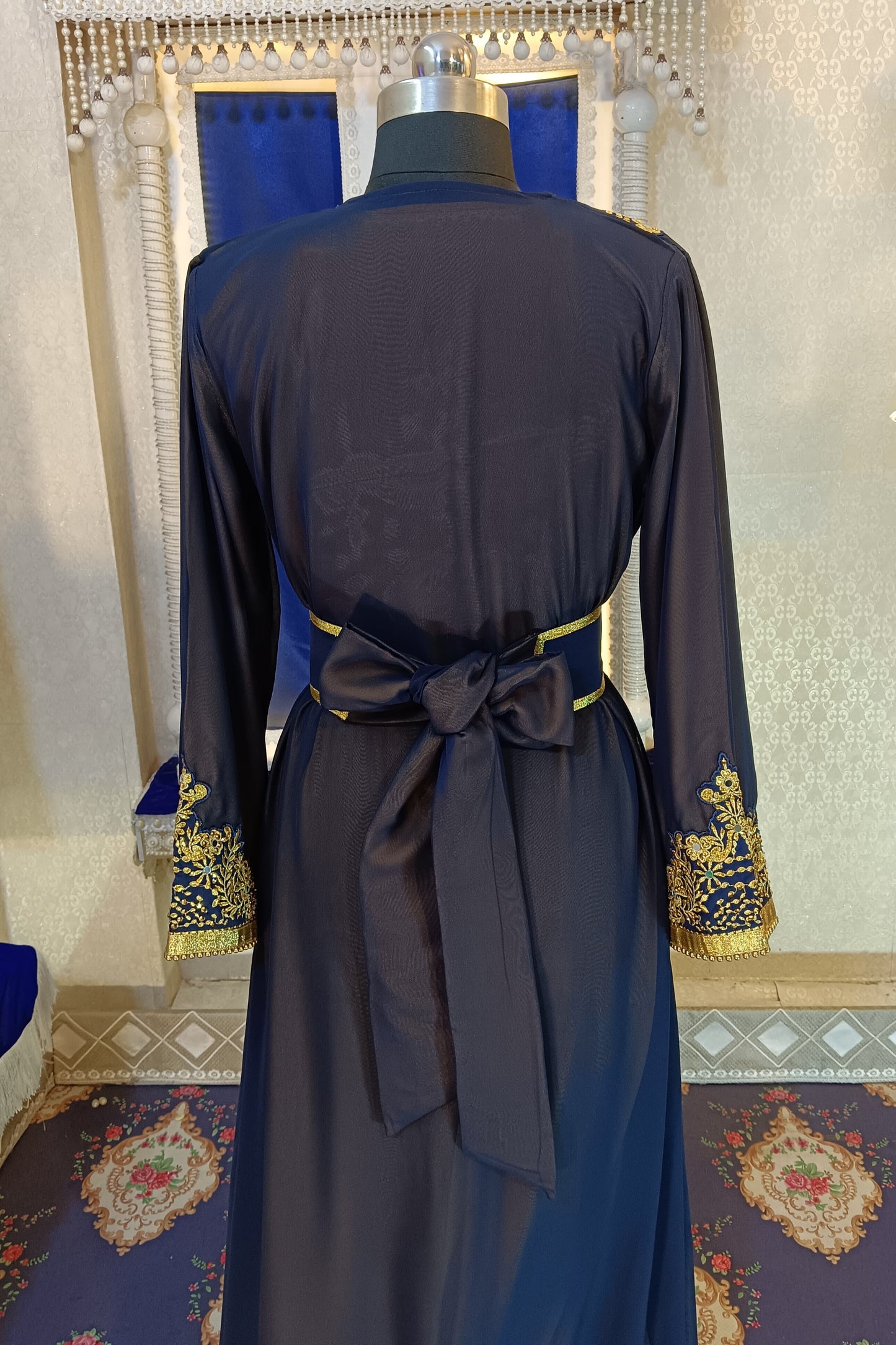 DarkBlue and GoldenYellow Islamic Designer Moroccan Kaftan