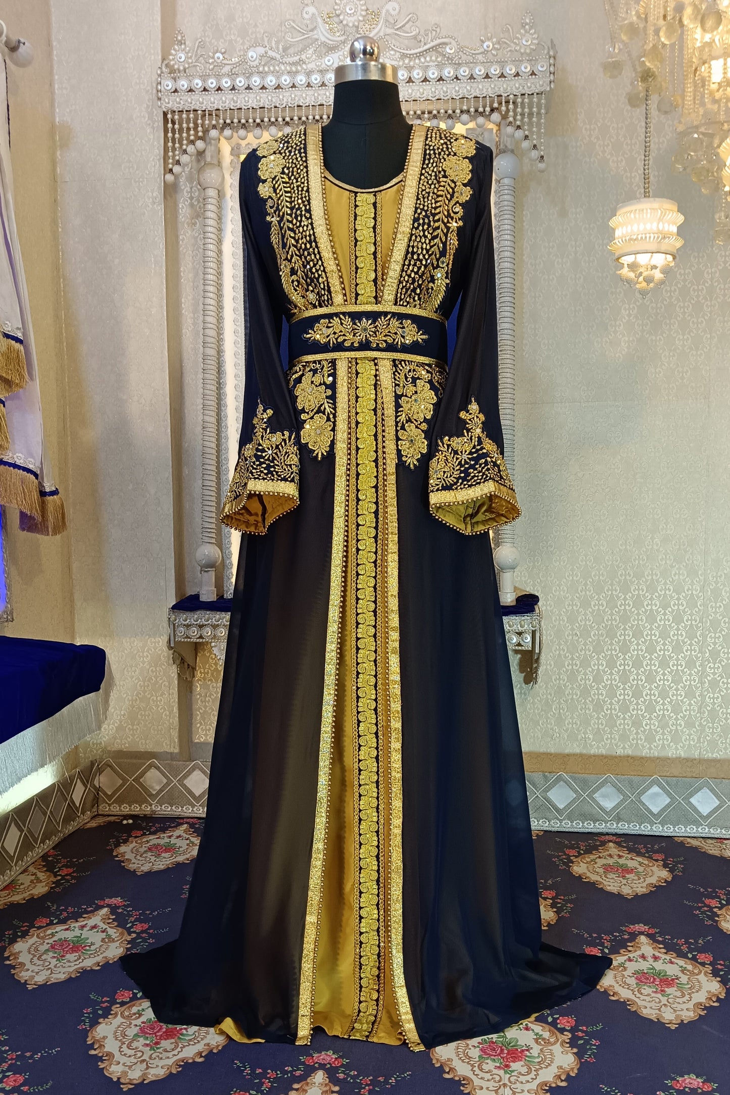 DarkBlue and GoldenYellow Islamic Designer Moroccan Kaftan