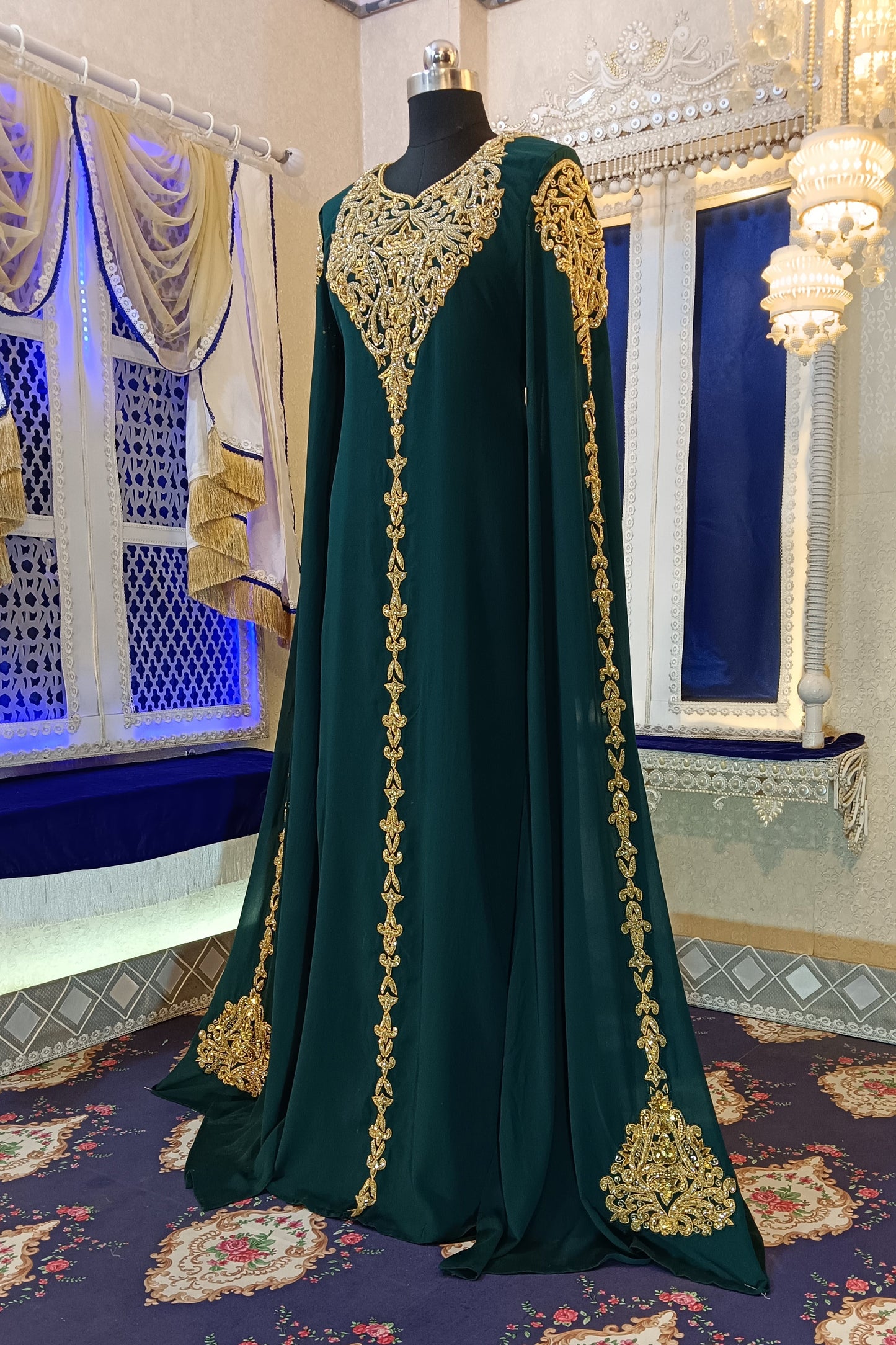 Bottle Green Wedding Arabic Long Sleeve Moroccan Kaftan