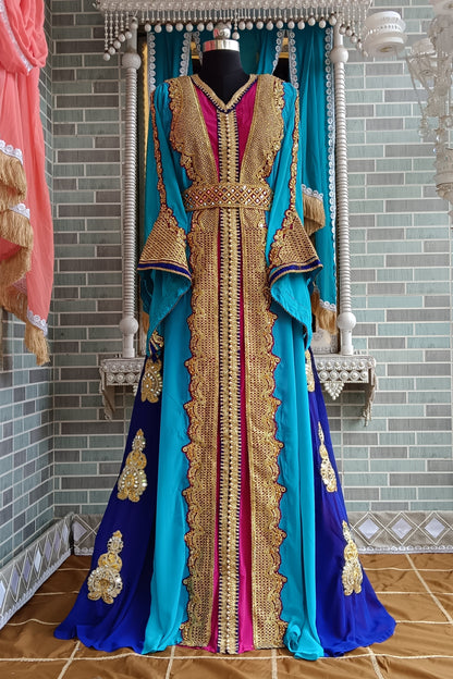 Firozi and Pink and Blue Designer Moroccan Kaftan