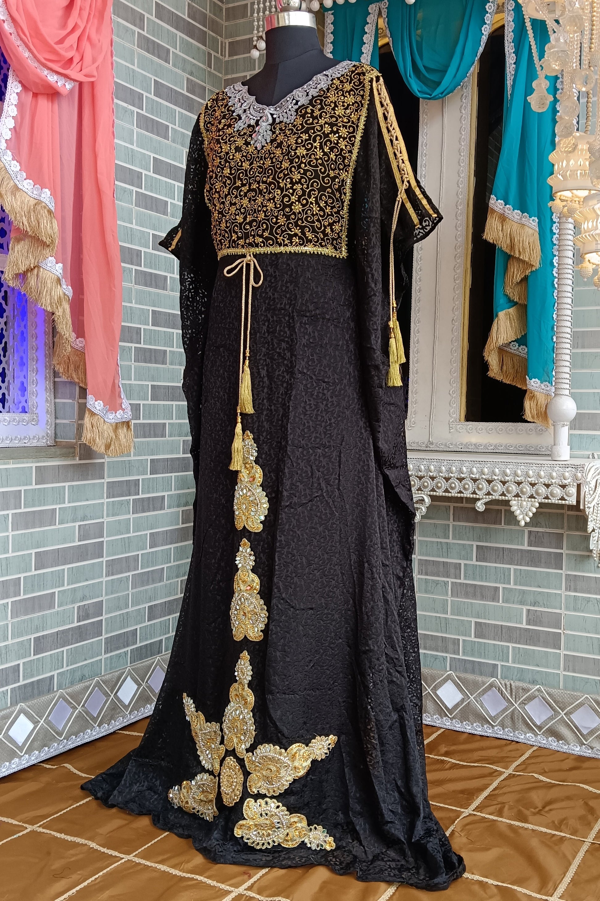 Black and Golden Yellow Arabic Embroidery Kaftan