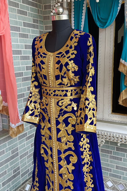 Blue and Gold Velvet Moroccan Israelite Takchita Kaftan