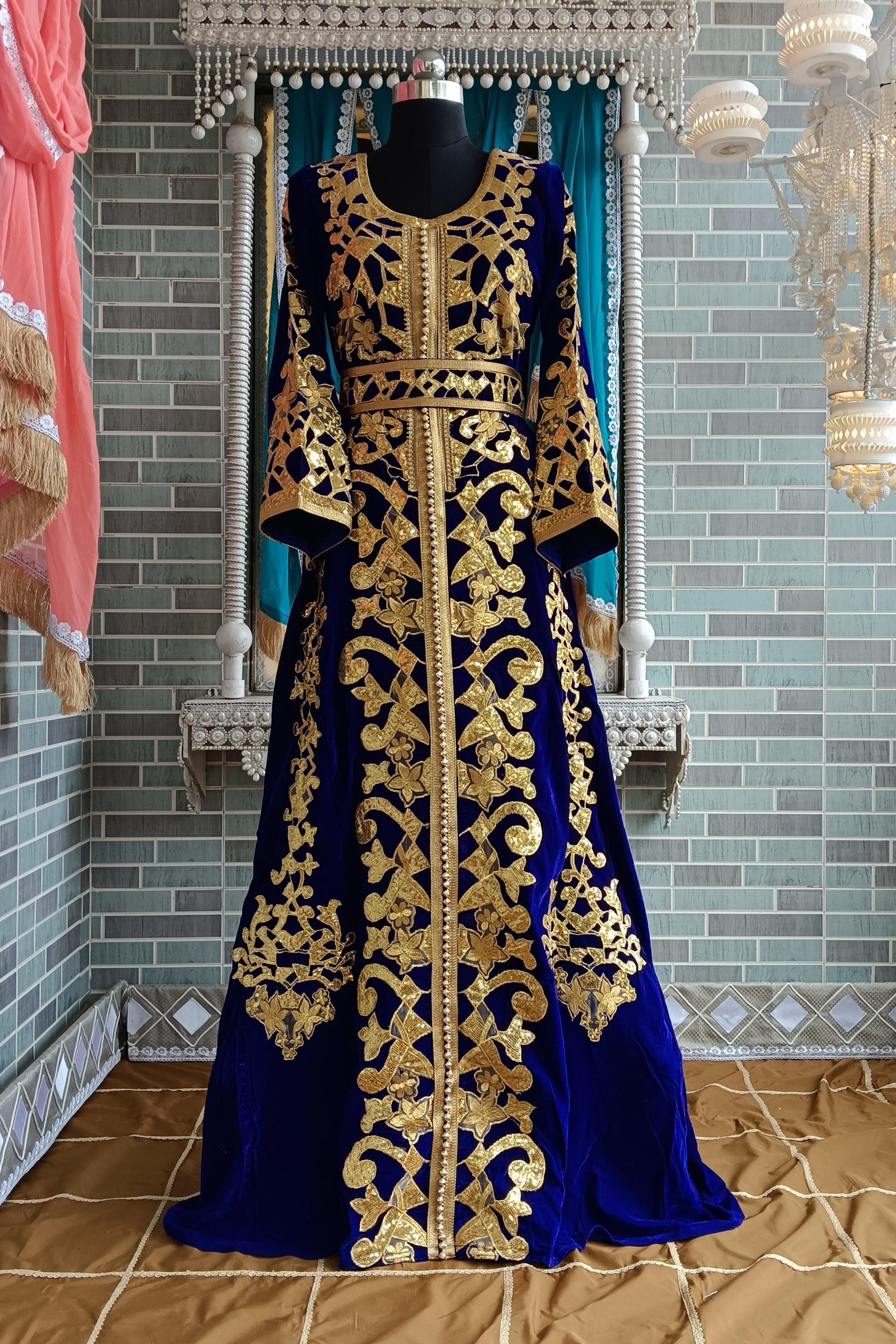 Blue and Gold Velvet Moroccan Kaftan