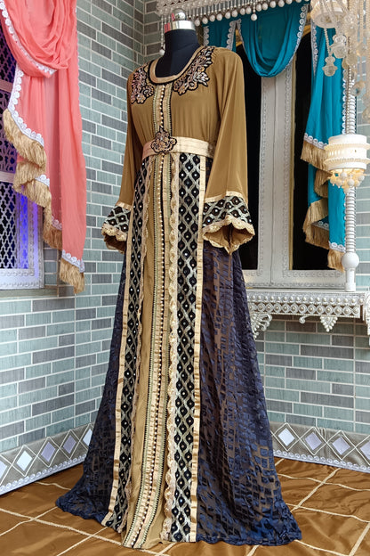 Dull Gold and Dark Grey Designer Embroidery Moroccan Kaftan