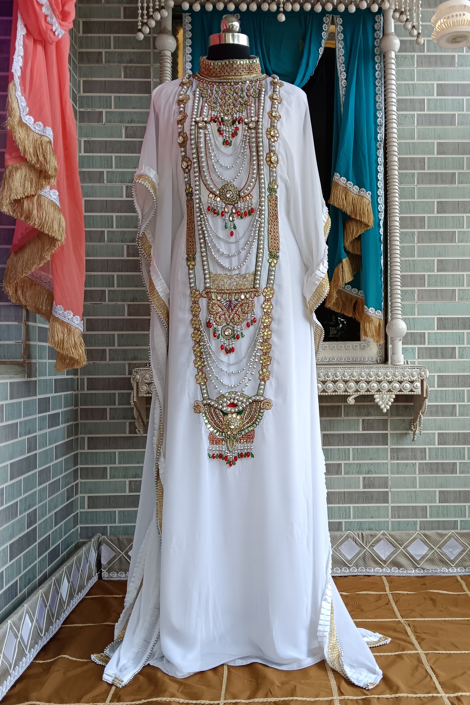 White Designer Islamic Maxi Hand Beaded Takchita Kaftan