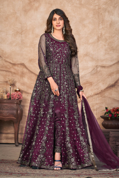 Wine Designer Embroidery Anarkali Suit