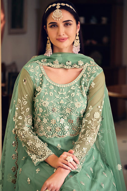 Green Designer Sequance Embroidery Suit