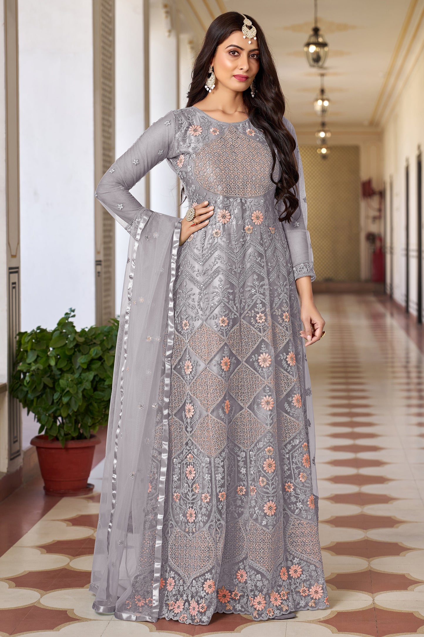 Grey Attrective Looking Anarkali Suit