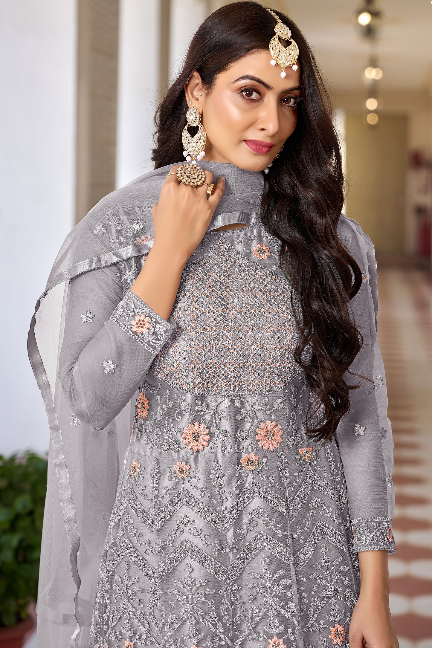 Grey Attrective Looking Anarkali Suit