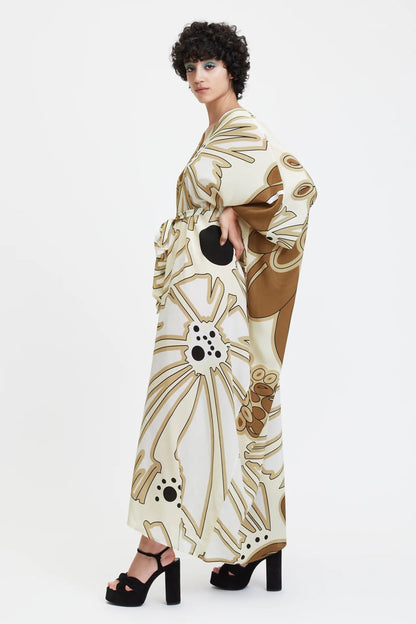 V-Neck Belt Style Printed Floral Kaftan