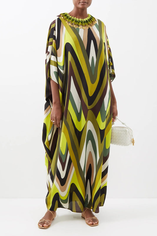 Green Printed Silk Kaftan