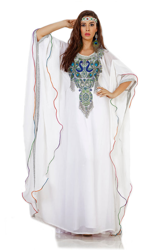 Beautiful White Peacock Embroidered Arabic Caftan