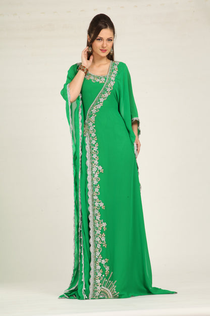 Parrot Green Designer Georgette Maxi Dress Kaftan