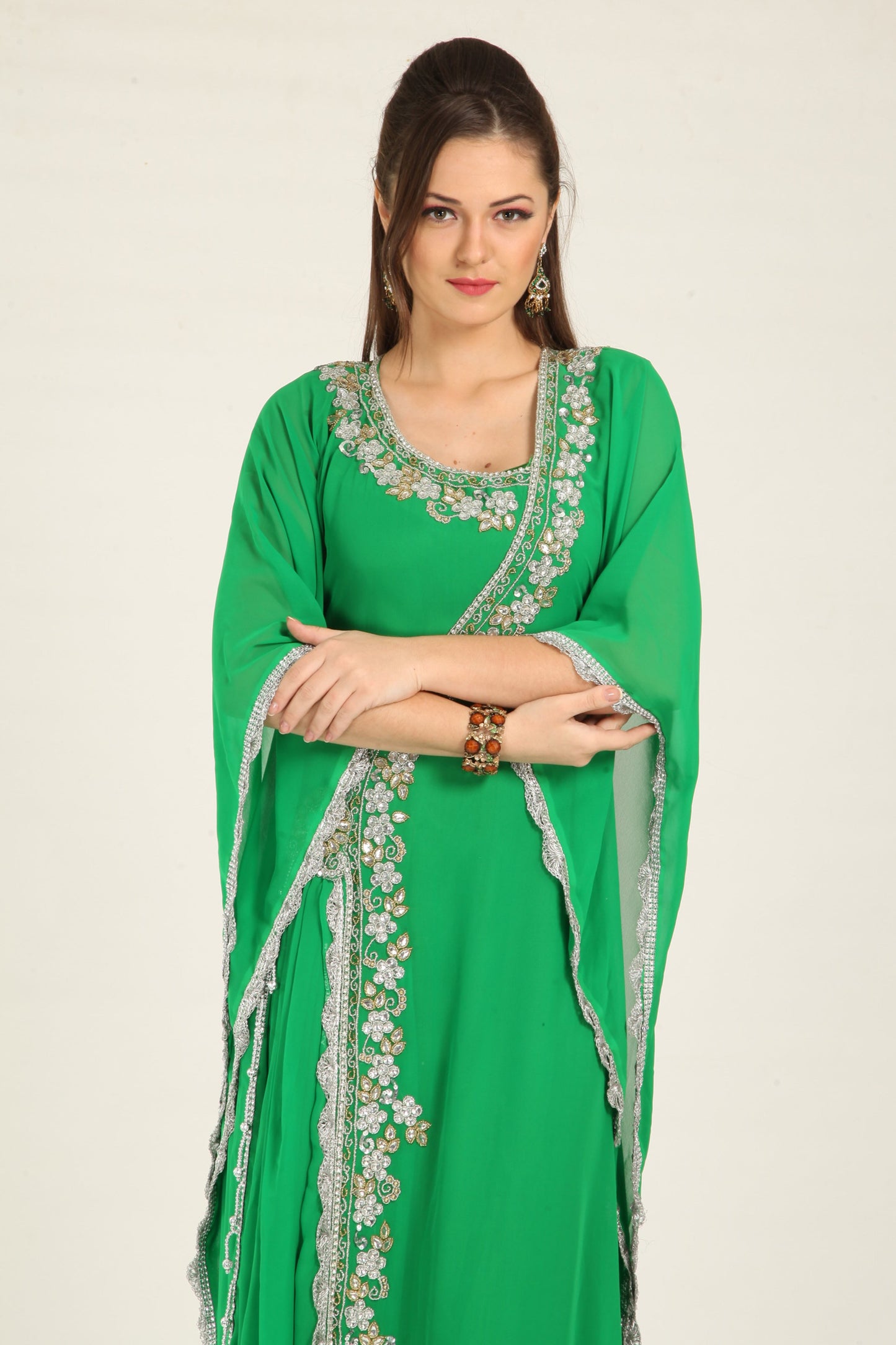 Parrot Green Designer Georgette Maxi Dress Kaftan