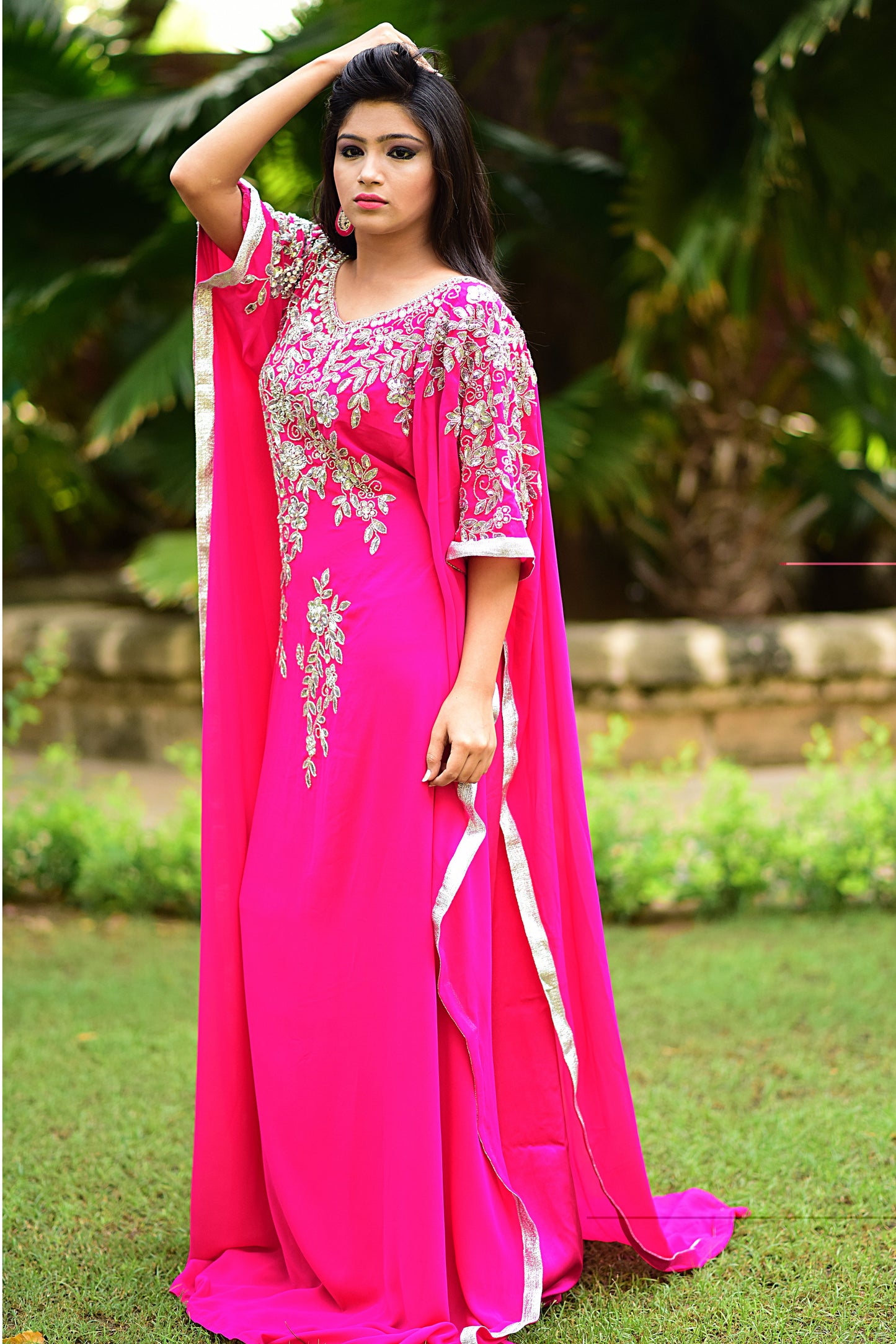 Scintillating Pink Georgette Embroidered Kaftan