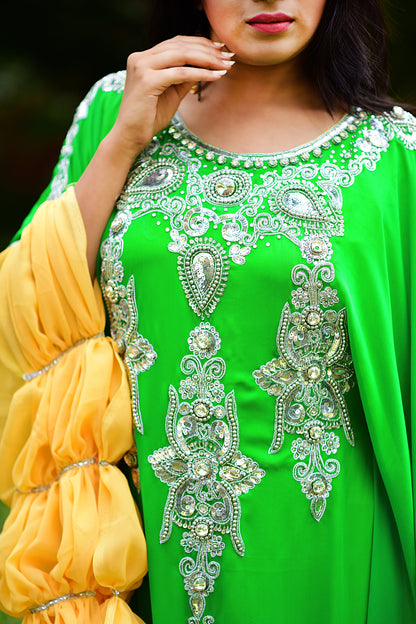 Green and Yellow Color Fancy Arabic Kaftan