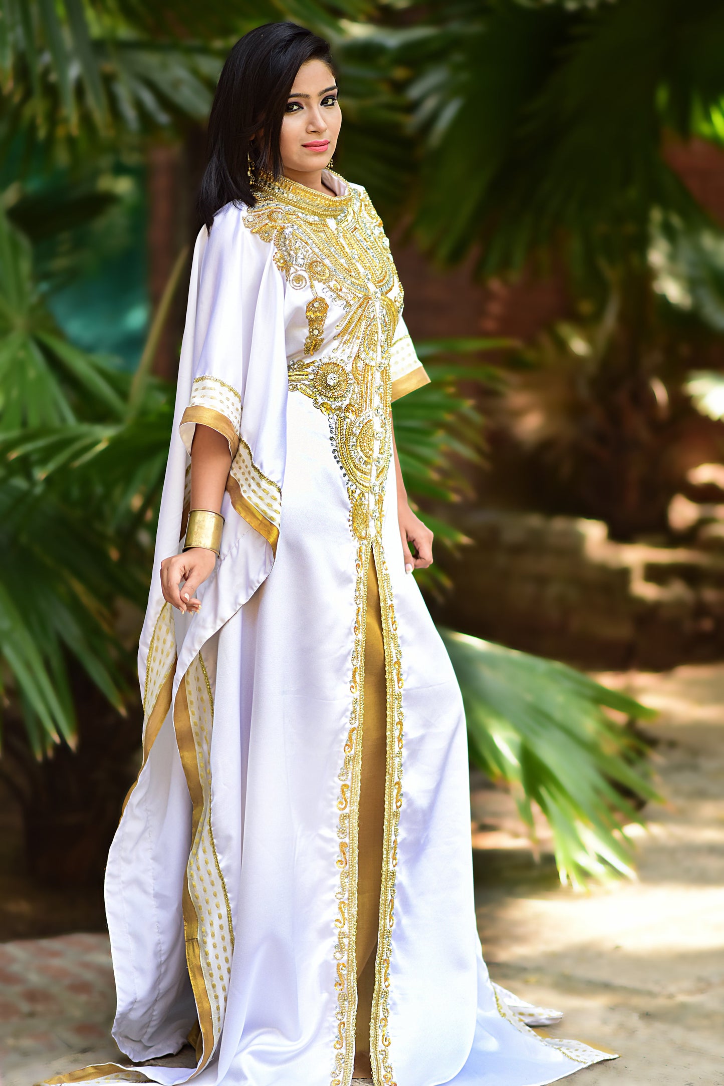 White and Gold Color Party Wear Kaftan