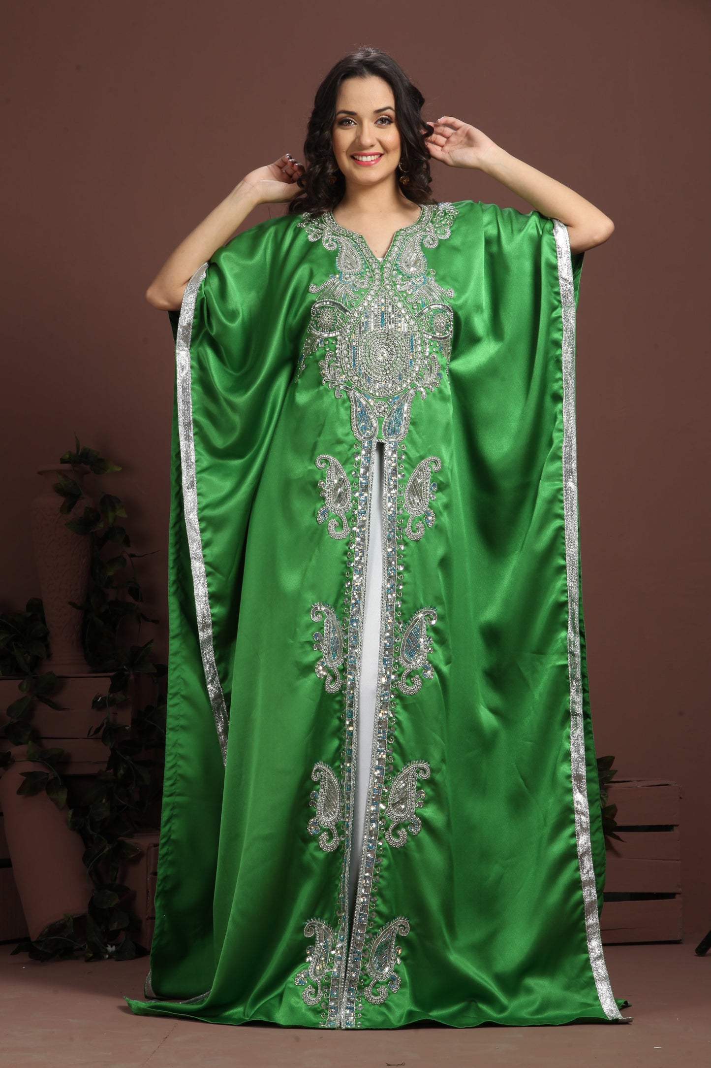 Exquisite Green Hand Made Traditional Embroidered Kaftan