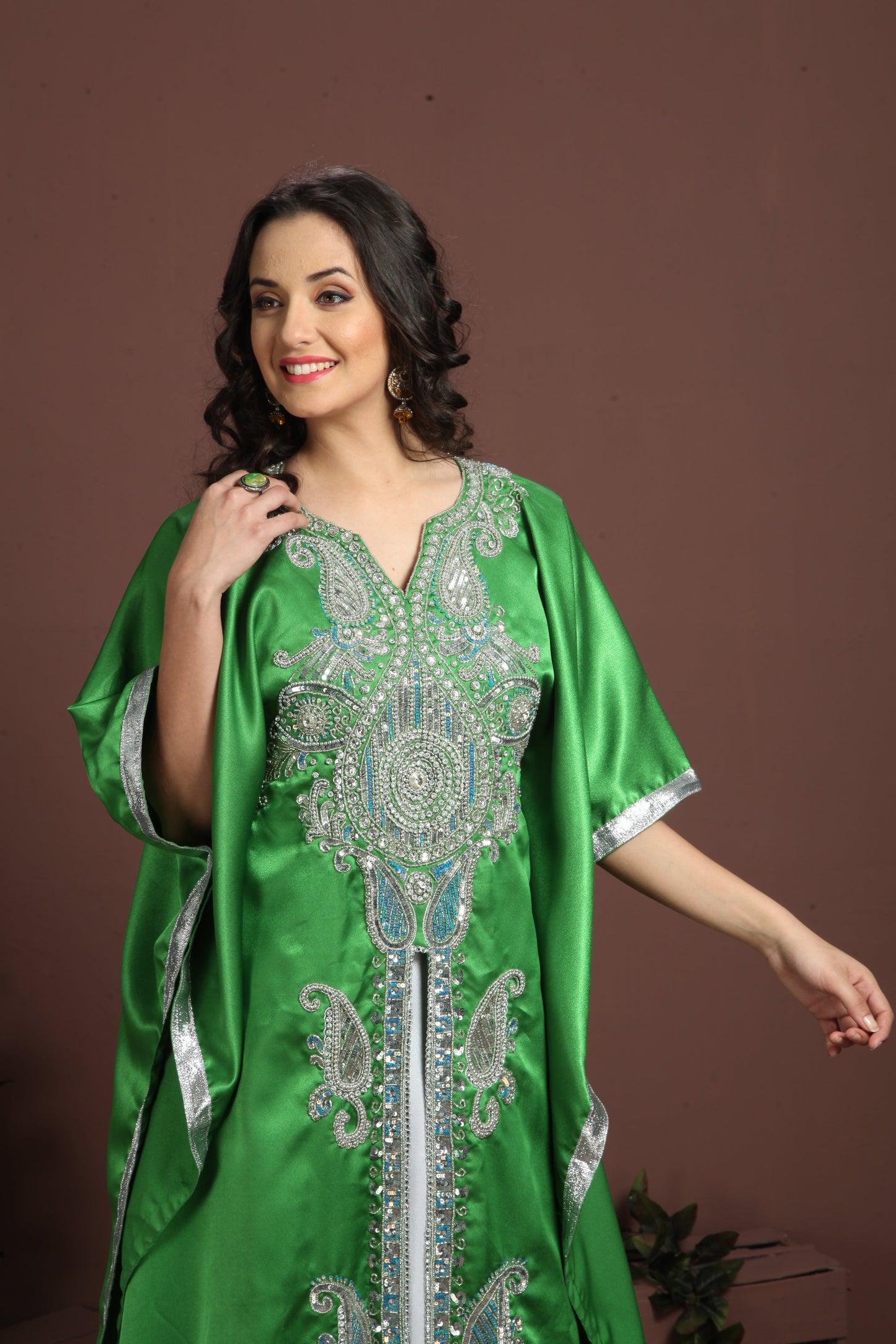 Exquisite Green Hand Made Traditional Embroidered Kaftan