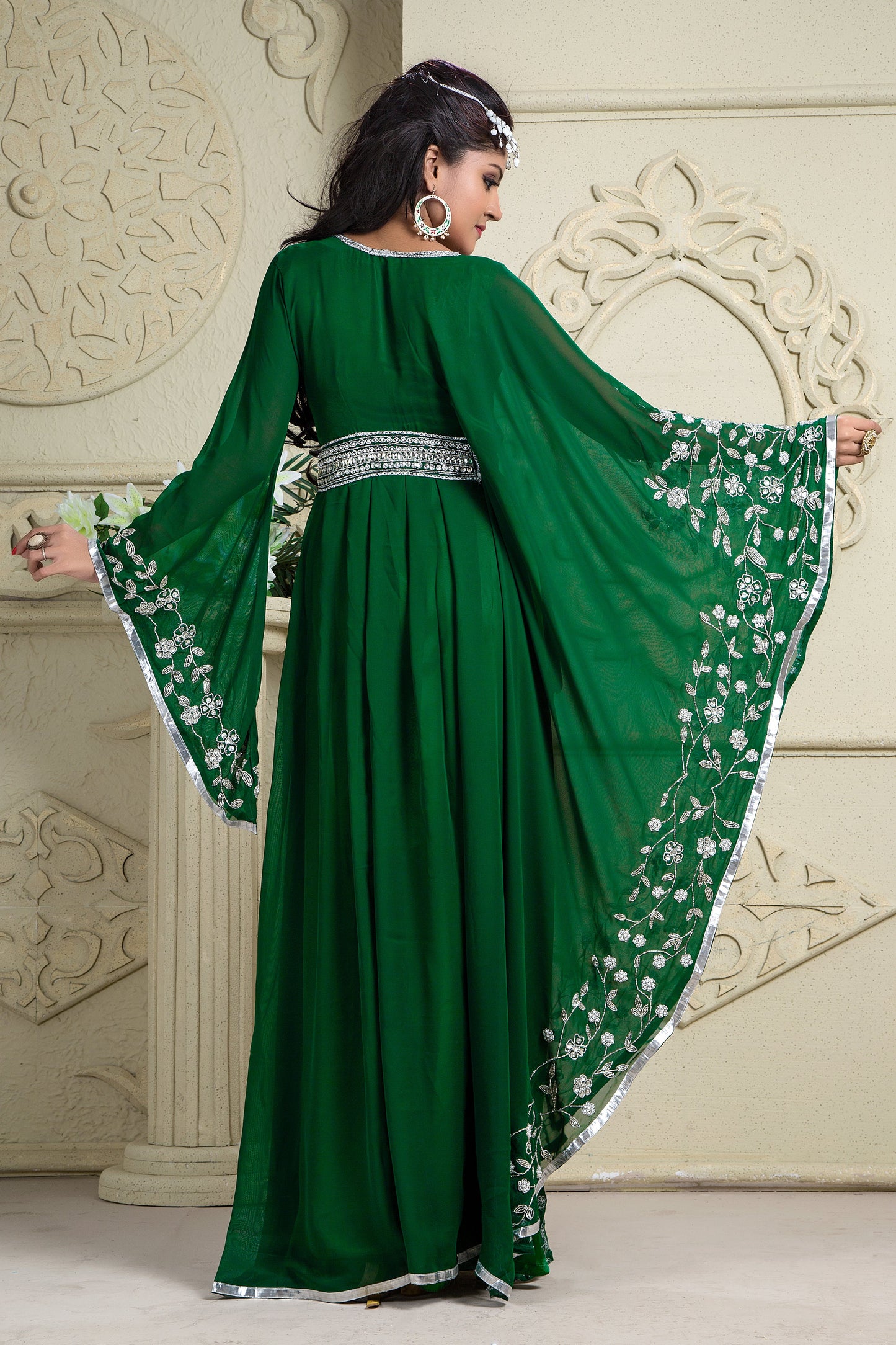 Bell Sleeve Green and Off White wedding kaftan dress