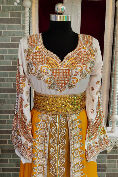 Yellow and White Islamic Bridal Kaftan Dresse
