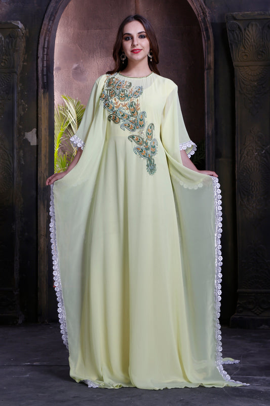 Chic Lemon Yellow color Trendy Hand beaded Kaftan