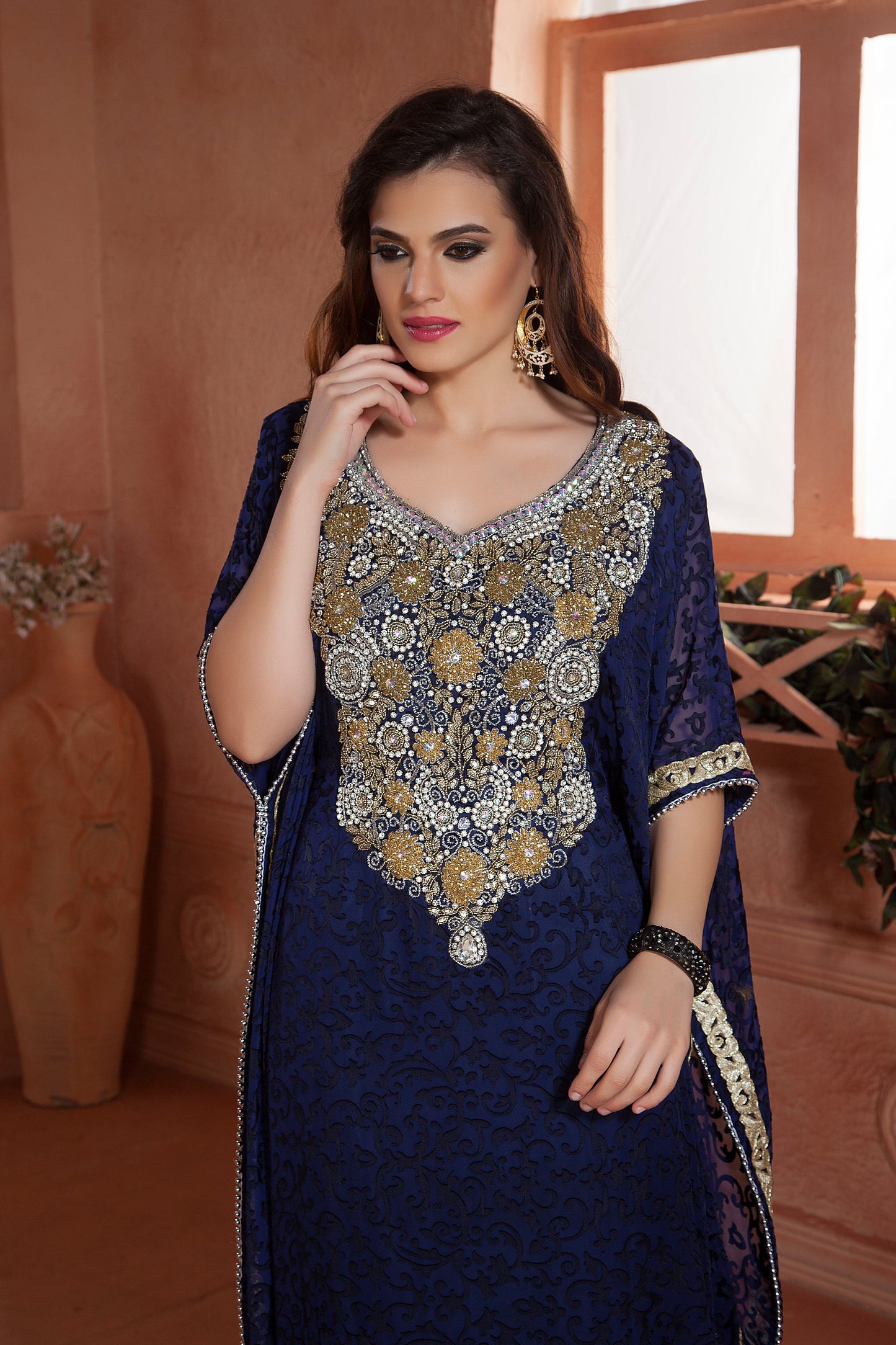 Dark Blue Handmade Arabian Design Kaftan