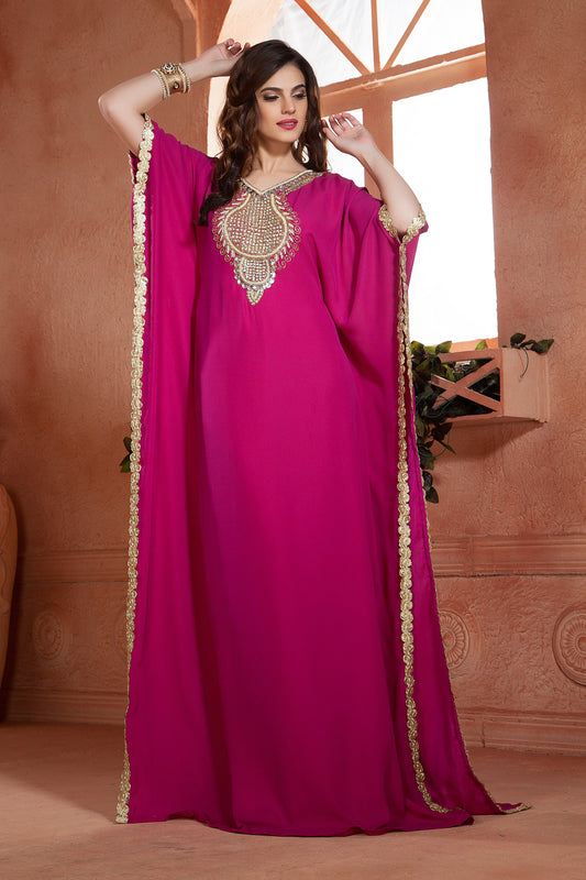 Hand beaded Georgette Fuchia Color Free Size Kaftan