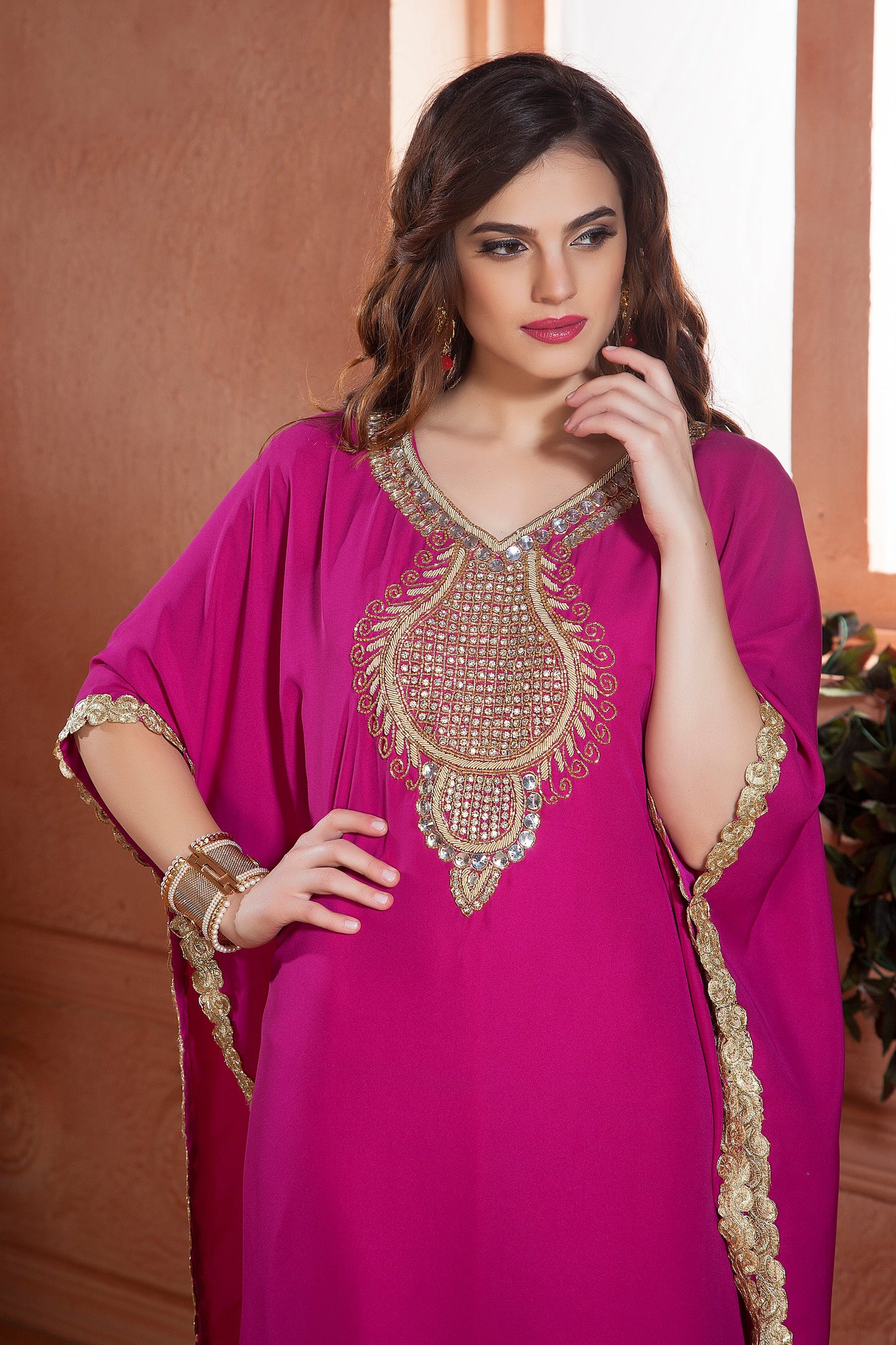 Hand beaded Georgette Fuchia Color Free Size Kaftan