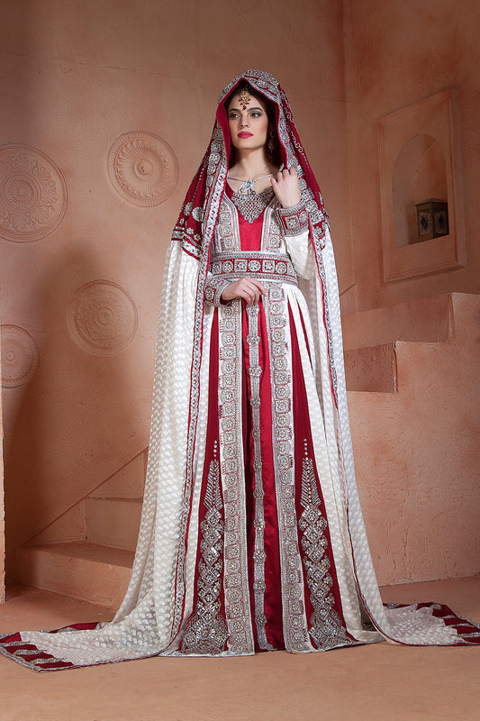 Off White and Maroon Color Handmade Moroccan Wedding Kaftan