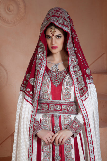 Off White and Maroon Color Handmade Moroccan Wedding Kaftan