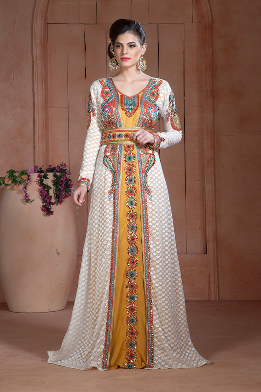 Off White and Golden Color Moroccan Hand beaded Caftan