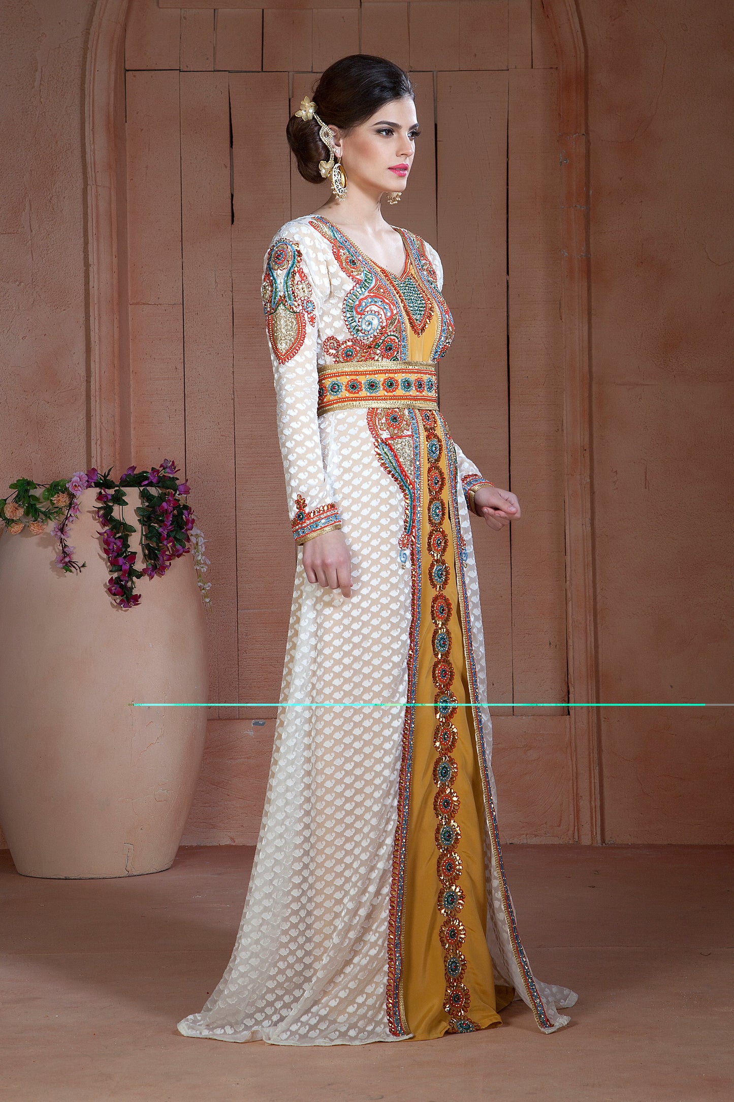 Off White and Golden Color Moroccan Hand beaded Caftan