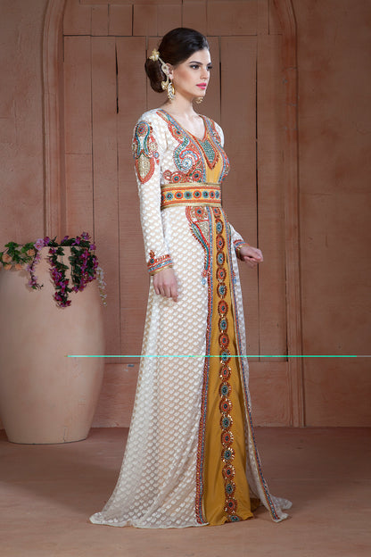 Off White and Golden Color Moroccan Hand beaded Caftan