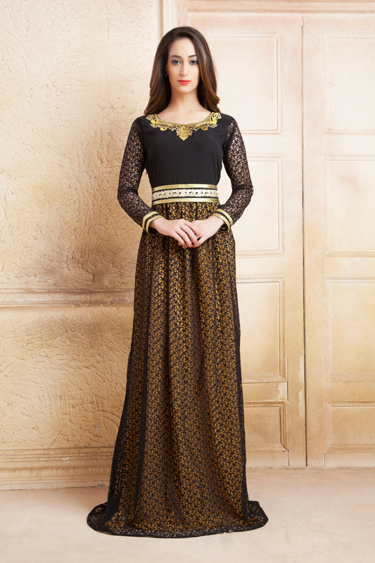 Yellow and Black color Thread Work Arab Dubai Style kaftan