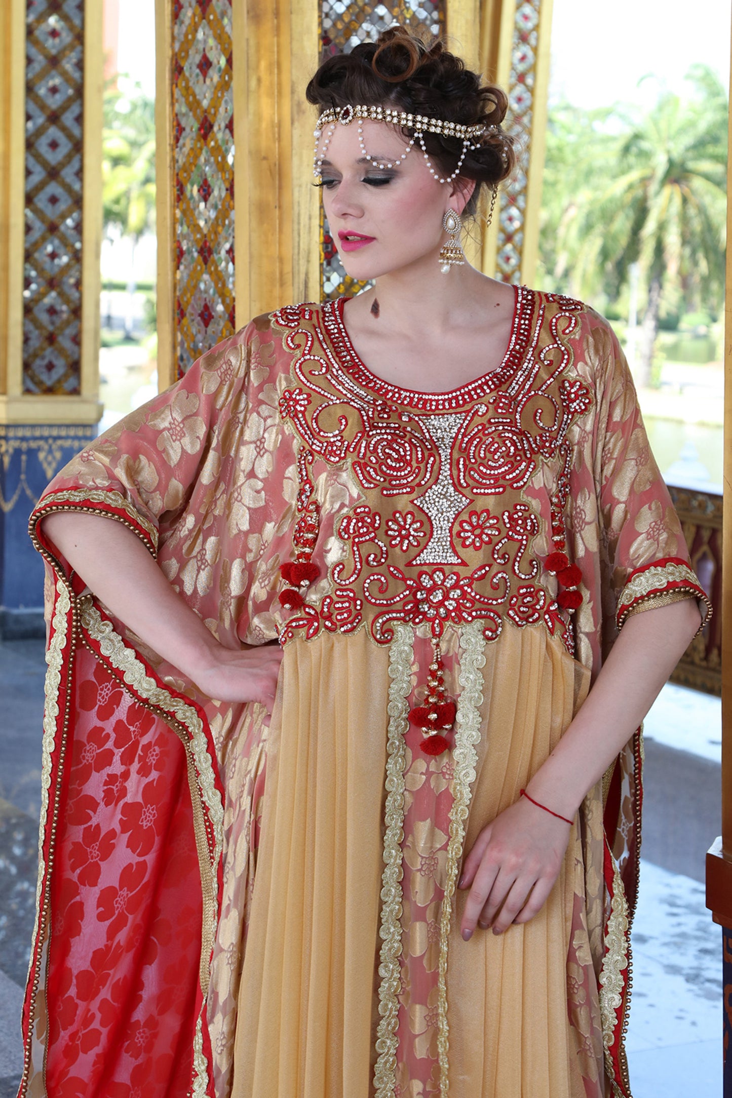 Beige and Red Color Designer Kaftan