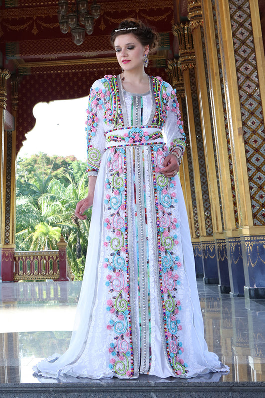 White Color Wedding Moroccan Long Sleeve Kaftan