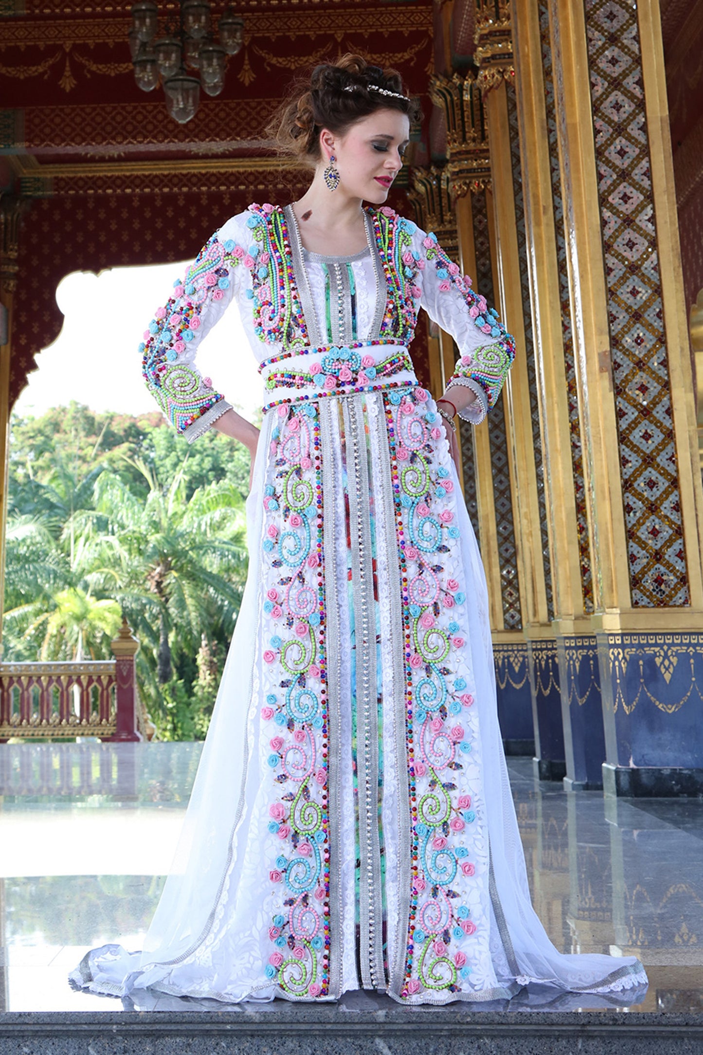 White Color Wedding Moroccan Long Sleeve Kaftan