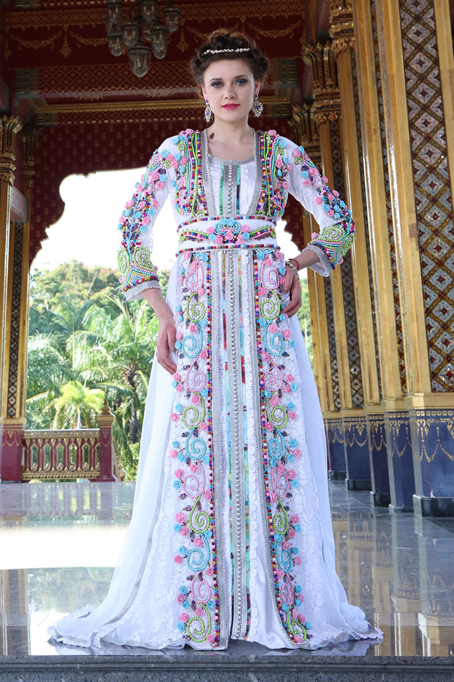 White Color Wedding Moroccan Long Sleeve Kaftan