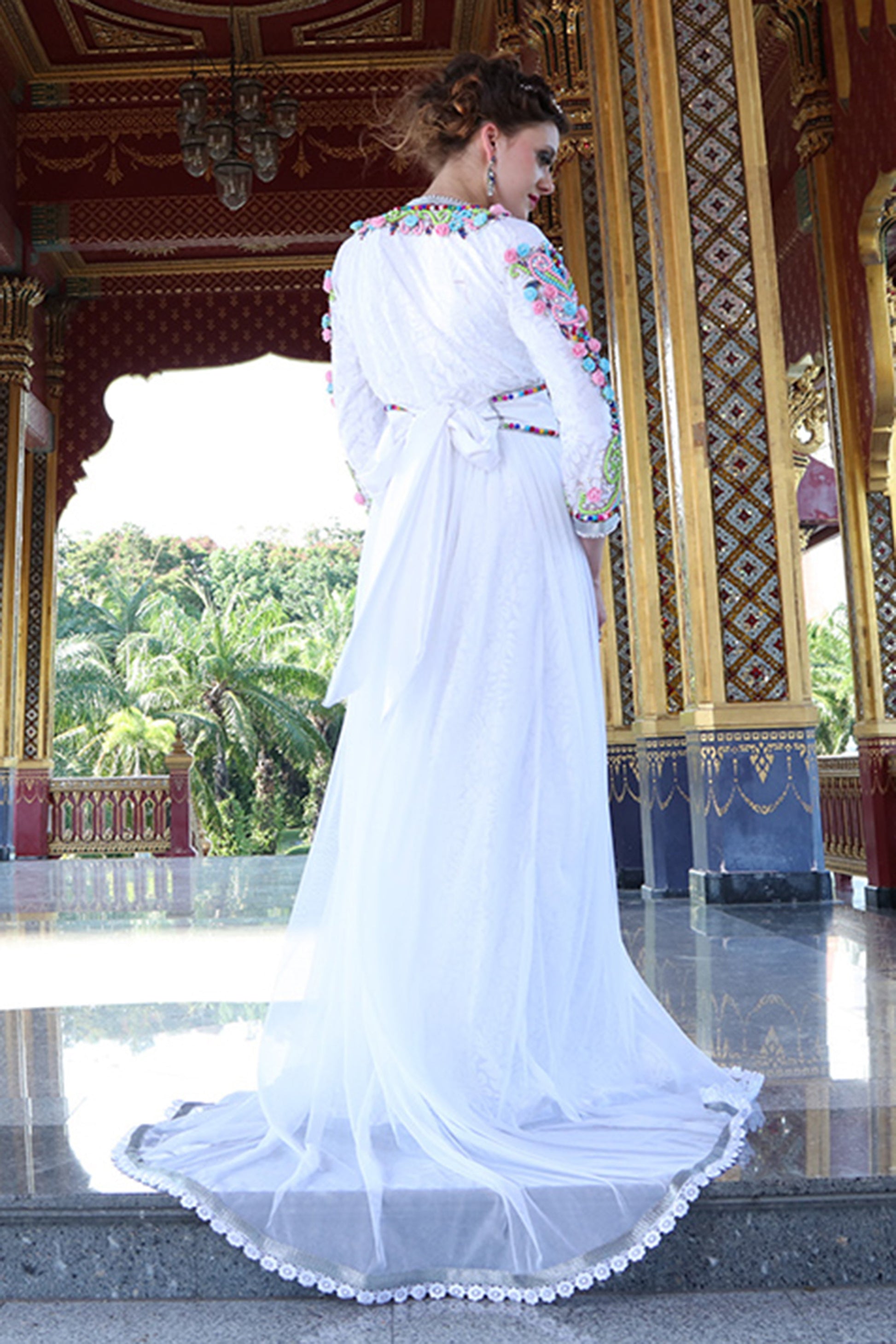 White Color Wedding Moroccan Long Sleeve Kaftan