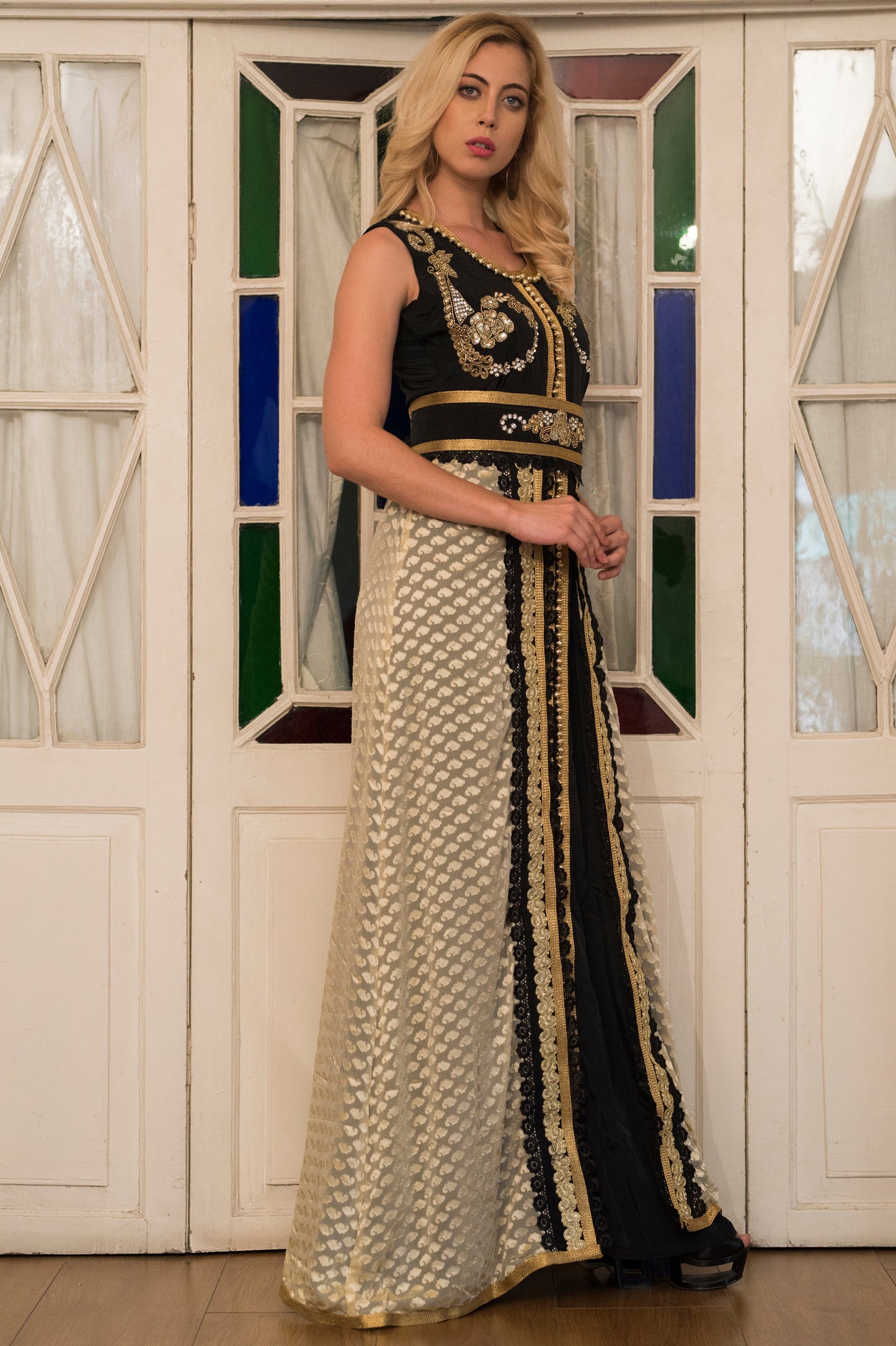 Black and Beige Partywear Morrocan Kaftan