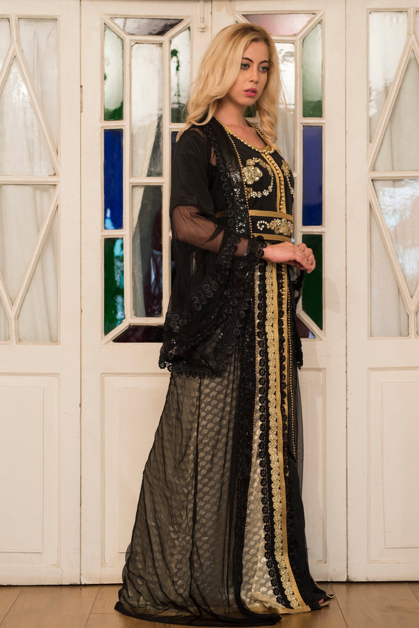 Black and Beige Partywear Jacket Style Kaftan