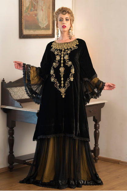 Black and Yellow Velvet Kaftan